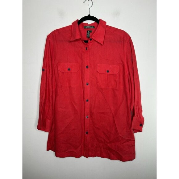 Lauren Ralph Lauren Shirt Women Red Pure 100% Linen Anchor Plus Size 1X - Picture 1 of 9